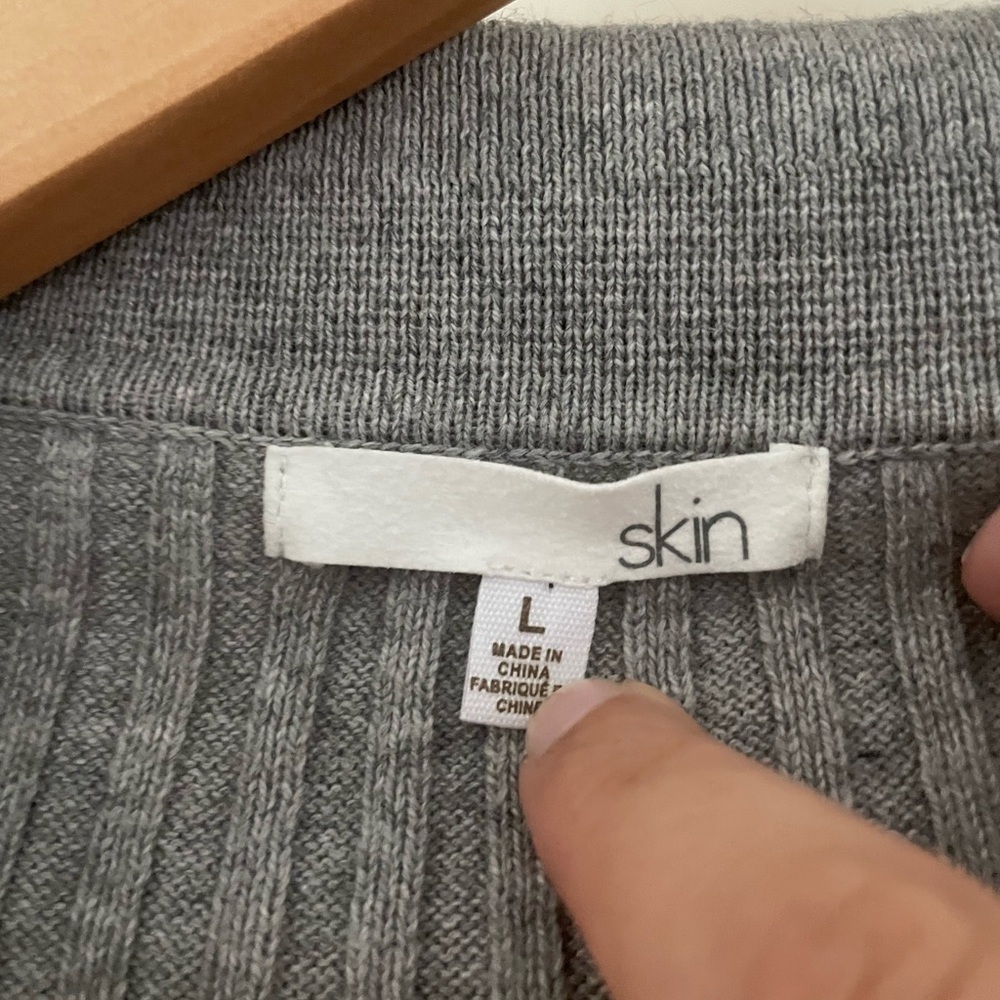Skin Marilynne Ribbed Cardigan Cotton Cashmere Belted Gray - Picture 10 of 12